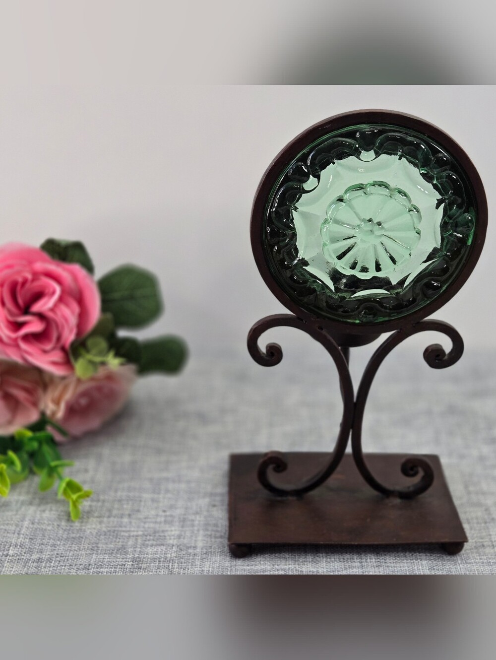 Vintage PartyLite La Rosetta Candle Holder Holder Green Glass Cast Iron